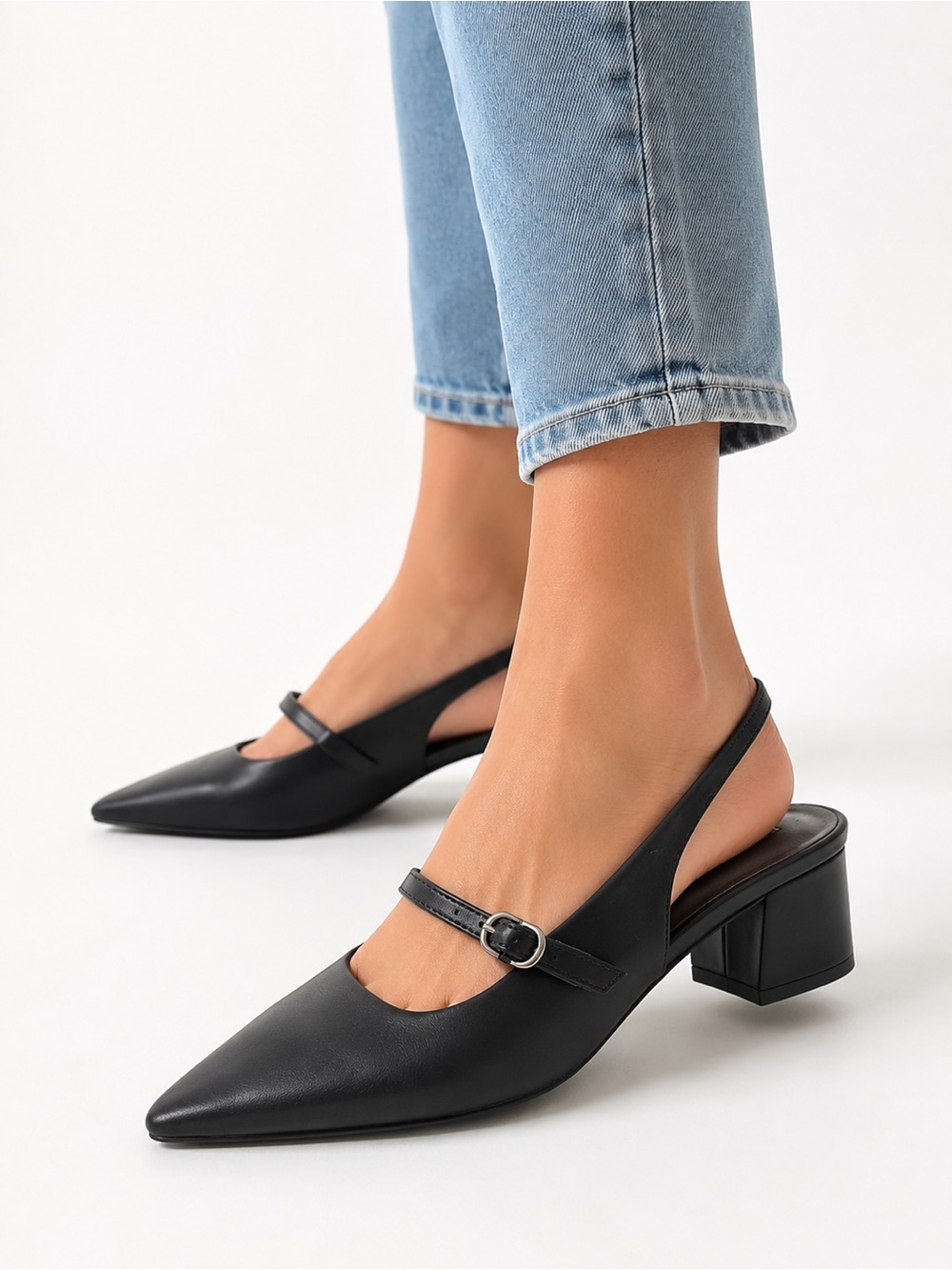 Black Pointed Slingback Block Heel Pumps with Mary Jane Strap